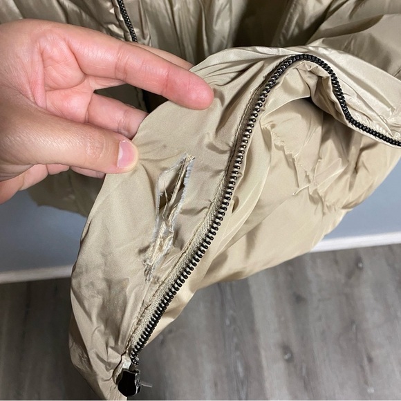 ANDREW MARC Womens Parka Coat Large Tan Down Fill Long Puffer Fur Jacket FLAWS - Picture 10 of 11